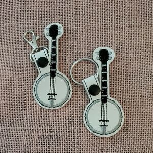 Hand Crafter Embroidered Vinyl Grey Banjo Key Chain Or Snap Tab
